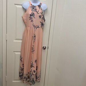Fashion Mia Large Scoop Neck Short Sleeve Tie Back Peach Gray Floral Maxi Dress